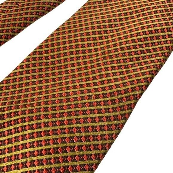Ermenegildo Zegna Italian Silk Neck Tie Checkered Stripe Print 58" Long Red Gold - Picture 4 of 9